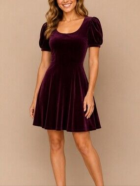 D.B.Y. Ltd. 1980s Purple Puff Sleeve Strappy Fit & Flare Cocktail Holiday Dress